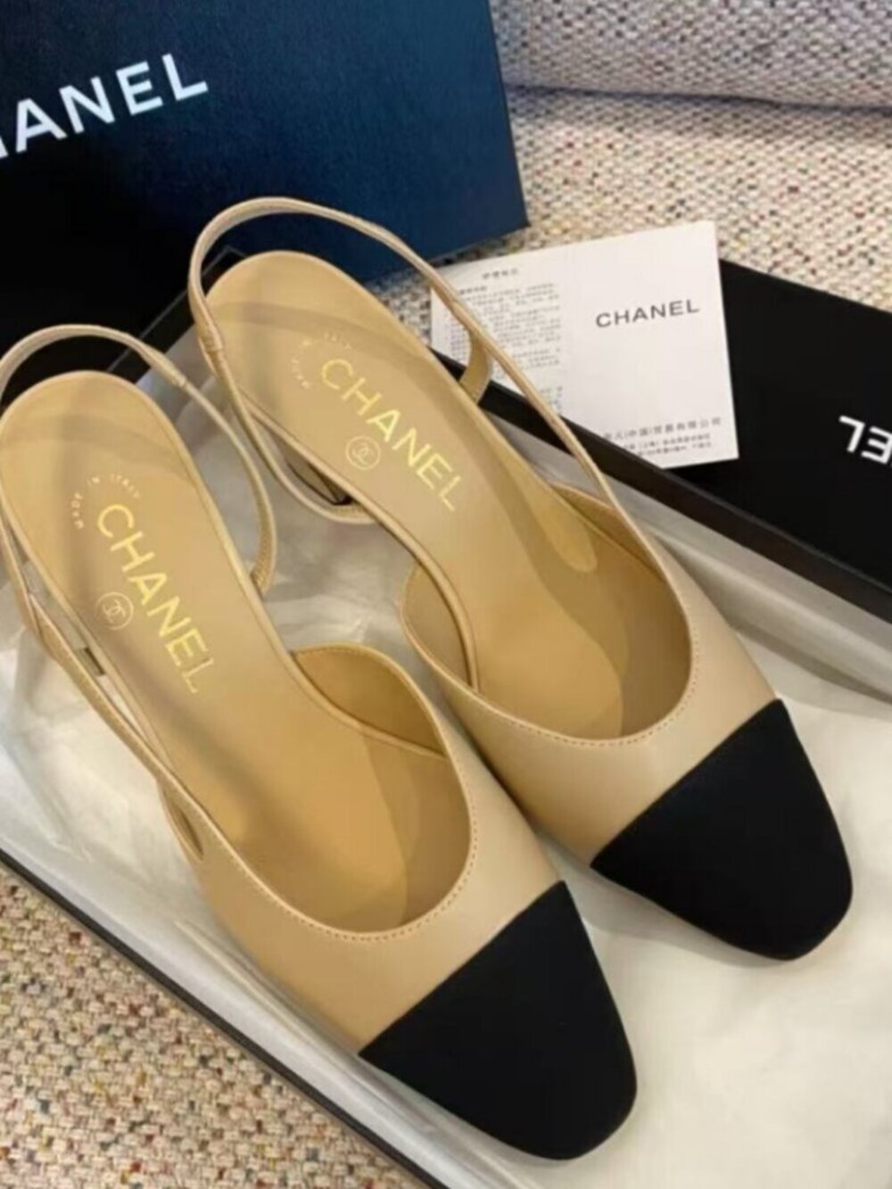CHANEL Two-Tone Cap Toe Block Heel Slingback Pumps